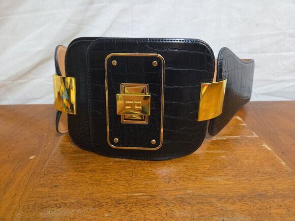 Elisabetta Franchi Black Vegan Leather Wide Belt 40 Gold Metal Logo Buckle main image 6